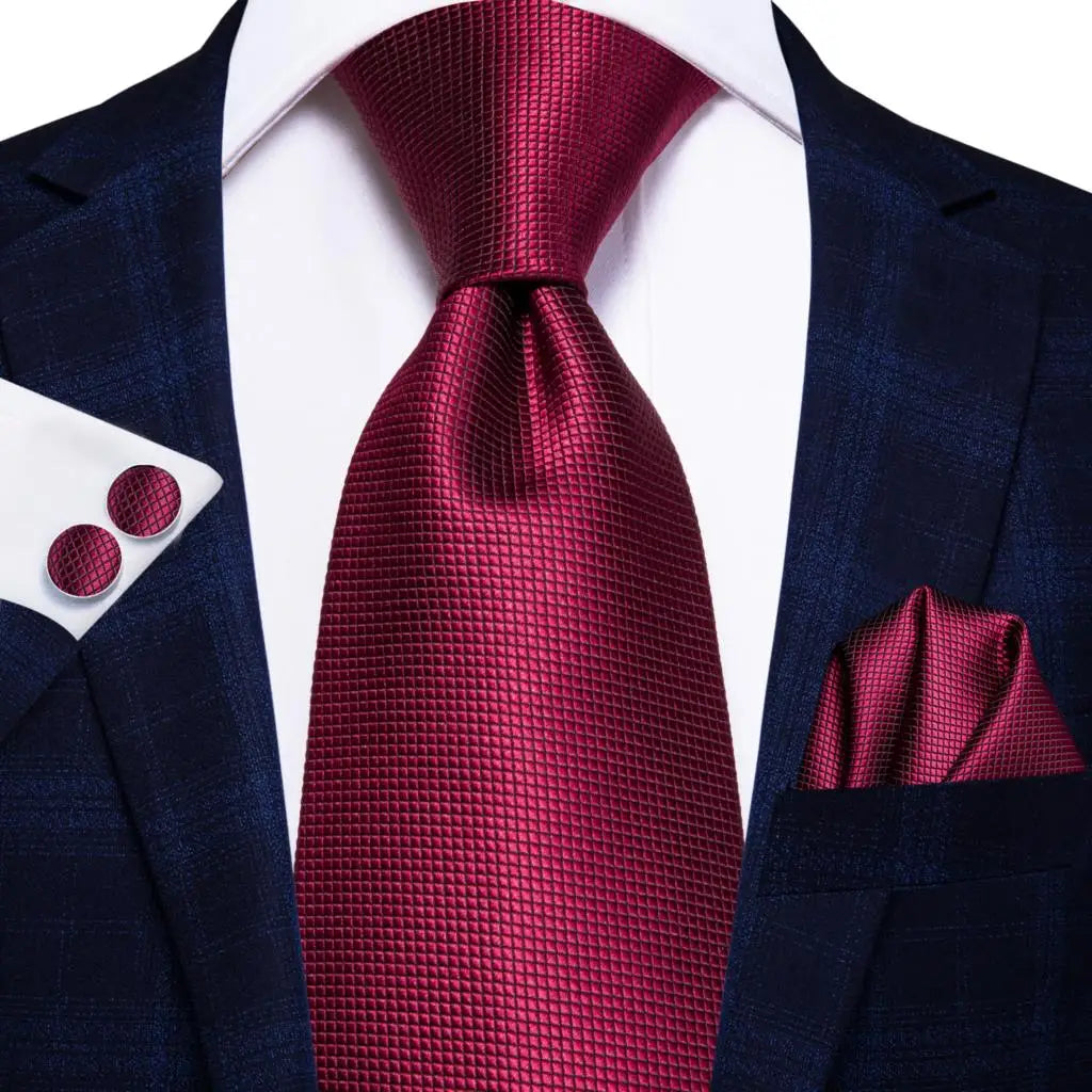 Hi-Tie Red Burgundy Plaid Silk Tie Set — Designer Men’s Necktie with Handkerchief & Cufflinks for Wedding or Business