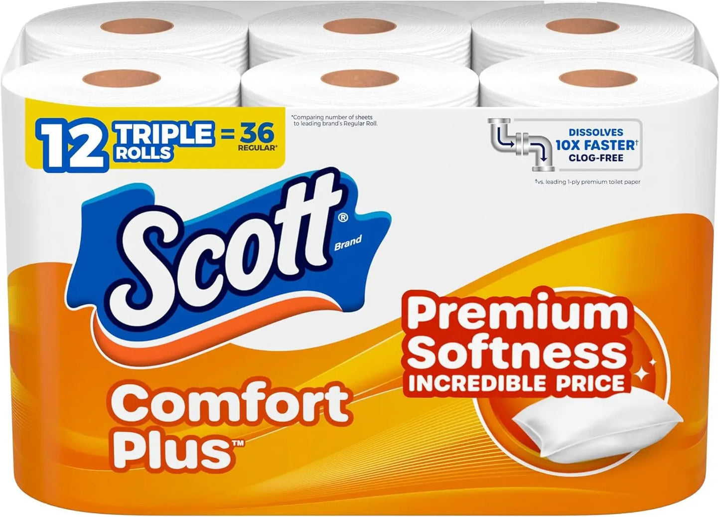 ComfortPlus 1-Ply Bath Toilet Paper - 12 Triple Rolls, 231 Sheets per Roll, Rapid-Dissolving Septic-Safe Bathroom Tissue