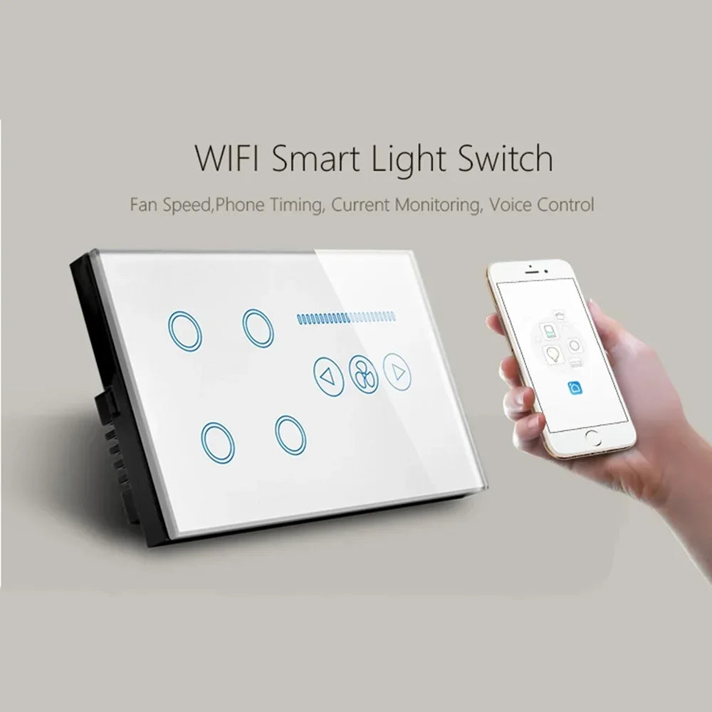 Tuya WiFi Smart Light Switch – 4 Gang Touch Panel, Fan Speed Dimmer, Power Metering, Alexa & Google Home Compatible
