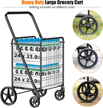 Extra Large Collapsible Grocery Cart on Wheels — Heavy Duty Shopping Cart with Baskets & Waterproof Liner