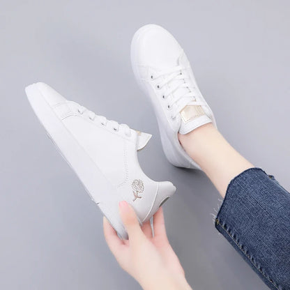 Women’s White Embroidered Sneakers - Breathable PU Leather Casual Lace-Up Shoes