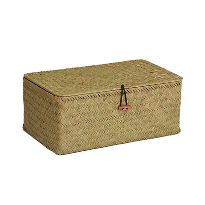 Hand-Woven Seaweed Storage Basket with Lid - Multi-Purpose Sundries Organizer, Cosmetic, Toy, and Clothes Container
