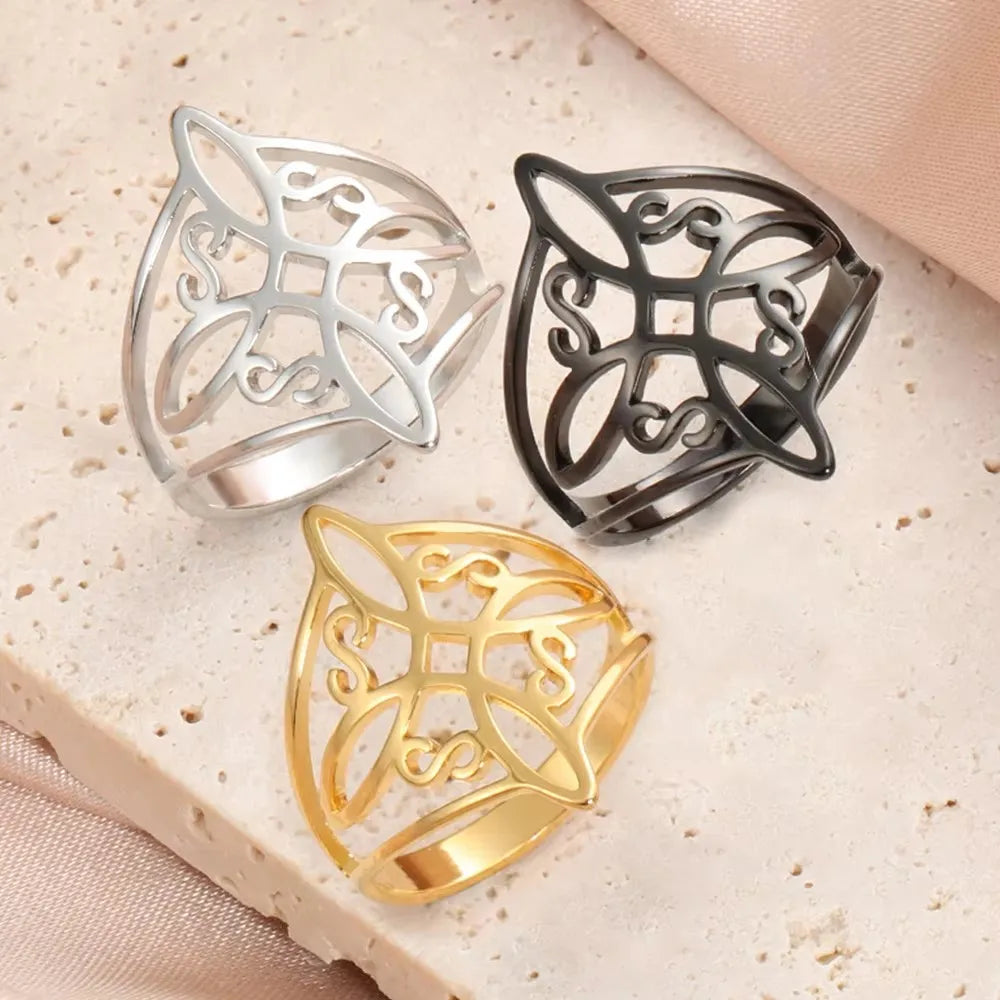 LIKGREAT Witch Knot Ring – Hollow Stainless Steel Celtic Amulet, Protection Jewelry for Men & Women, Couple Gifts