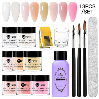 Nail Crystal Powder Kit – Acrylic Liquid Set with Pink & White Powder, Nail Brush for Extension & Carving, Beginner Set