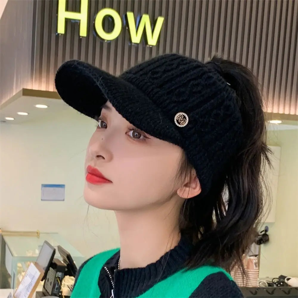 Women's Knitted Ponytail Hat – Warm Winter Rabbit Fur Baseball Cap for Outdoor Sports & Golf