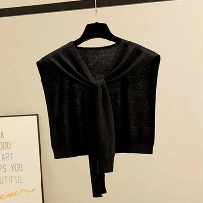 Striped Knitted Shawl Scarf – Warm Winter Cape with Fake Collar for Women