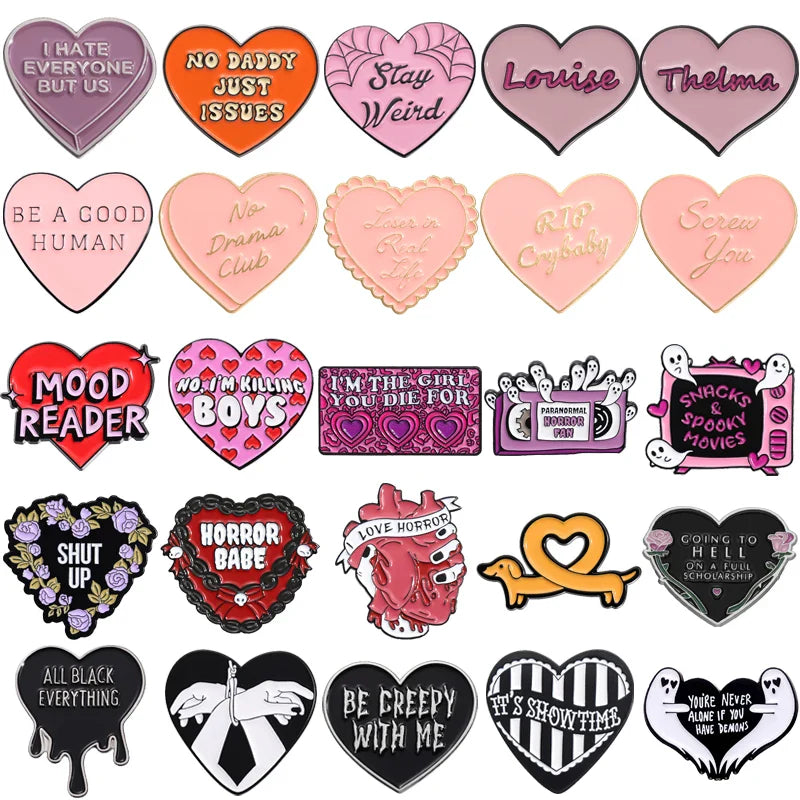 Pink Heart Brain Ghost Enamel Brooch – Gothic Retro Radio & TV Badge, Funny Punk Lapel Pin Jewelry Gift