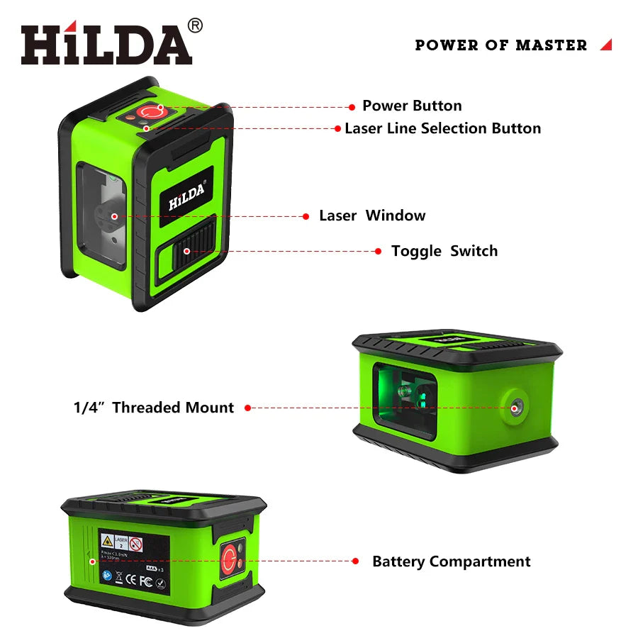 HILDA 2-Line Green Laser Level Meter | Self-Leveling Horizontal & Vertical Laser Tool