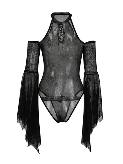 Halloween Women's Bodysuit — Long Sleeve Cold Shoulder Spider Web Romper, Sheer Clubwear Top