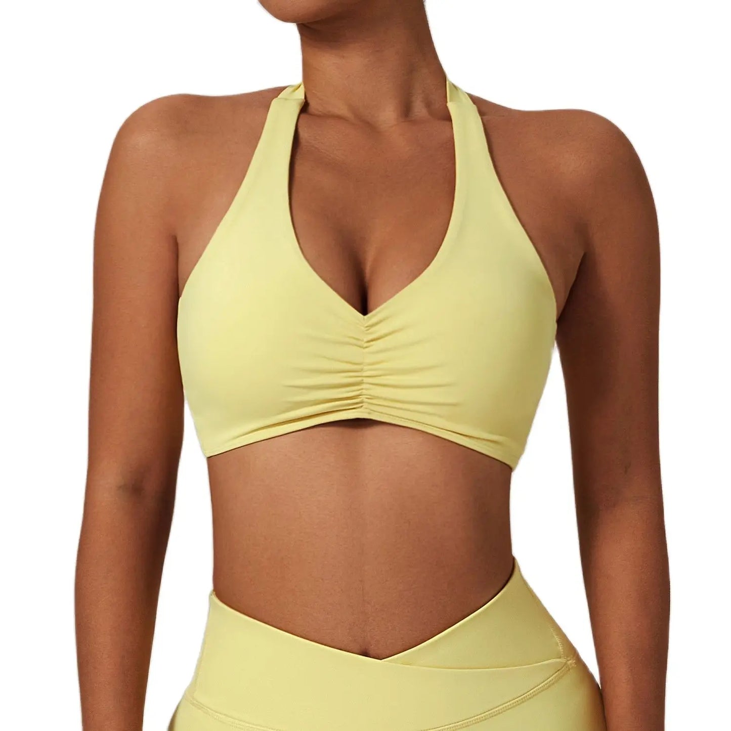 NCLAGEN Women's High Support Halter Sports Bra: Ruched Fitness Gym Yoga Top - Push-up Padded Activewear for Workout