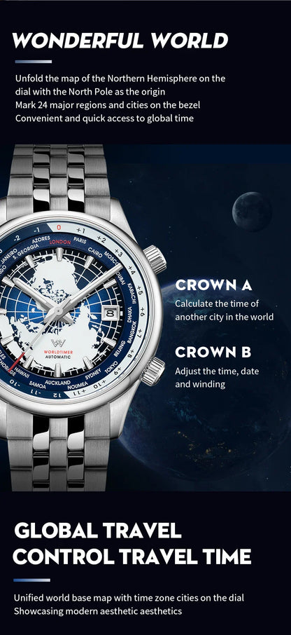 WM Welly Merck Automatic Mechanical Men’s Watch — High-Quality Sapphire, World Time, WM057 Luxury Timepiece