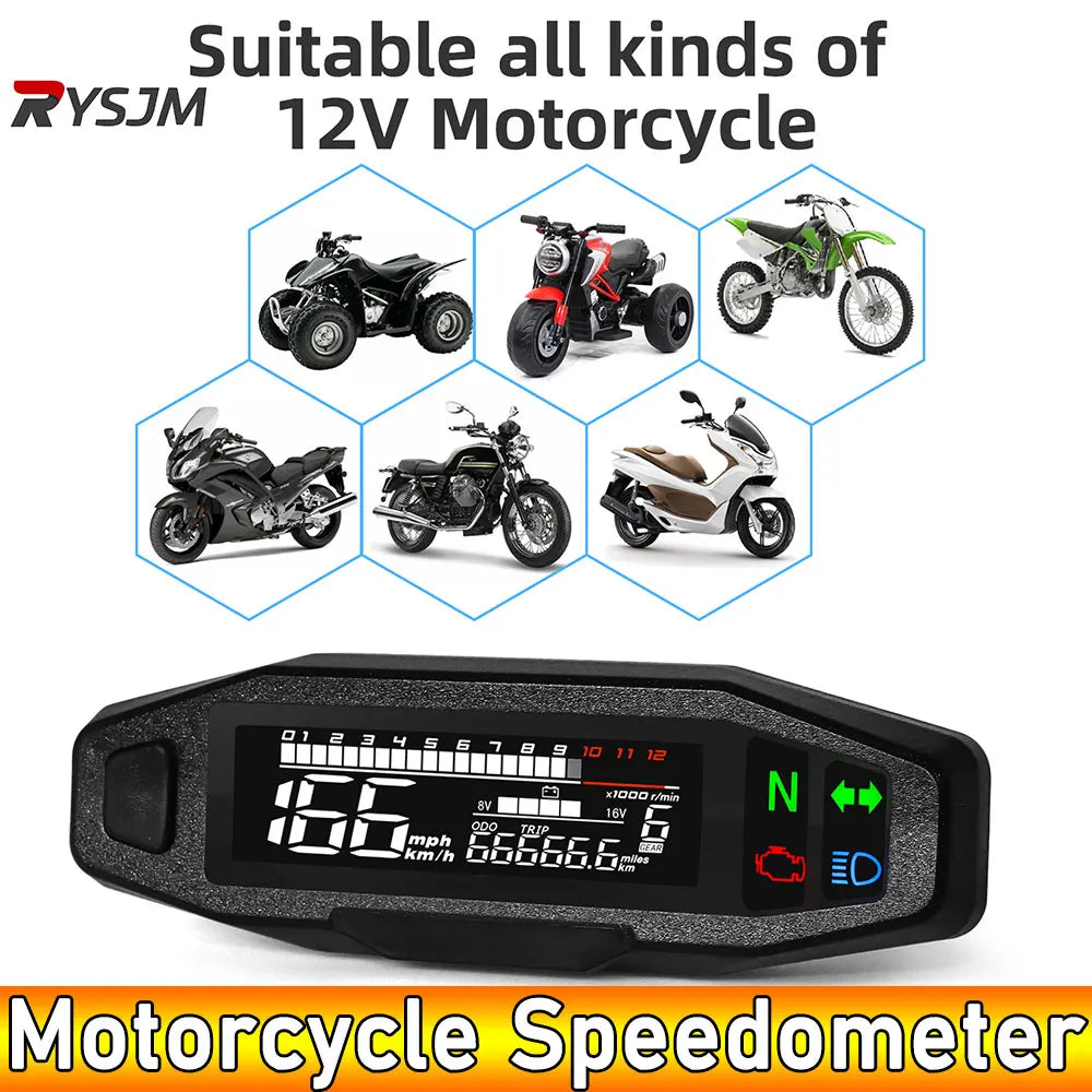 AD Universal Motorcycle Digital Speedometer – LED Tachometer Dashboard Instrument Panel with LCD Display & Y Bracket