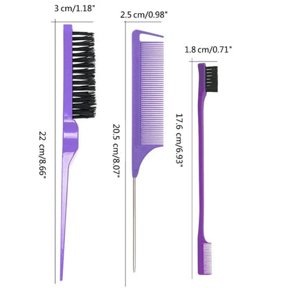 3PCS Hair Styling Comb Set – Teasing Brush, Rat Tail Comb, Edge Brush & Braid Tool for Hair Styling