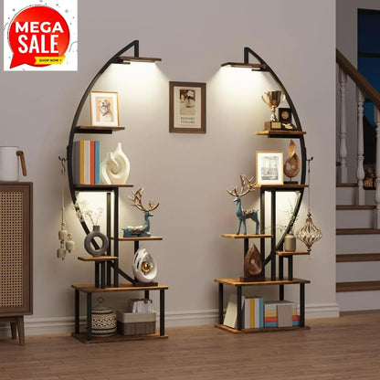 64" Tall Arched Bookshelf with Lights - 2-Pack 7-Tier Ladder Bookcase for Home Office Storage & Display