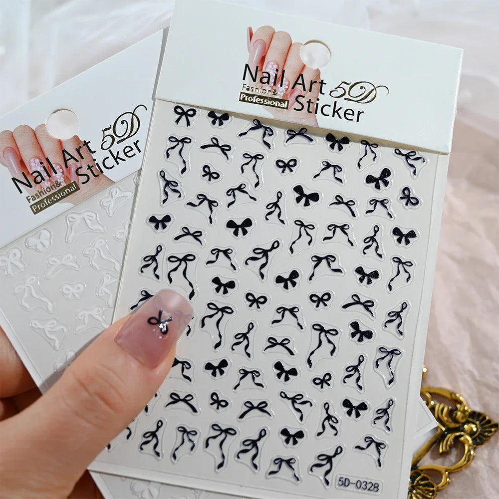 5D Pink & White Bowknot Nail Stickers – Self-Adhesive Kawaii Ribbon Nail Art Decals for DIY Manicure & Nail Decoration