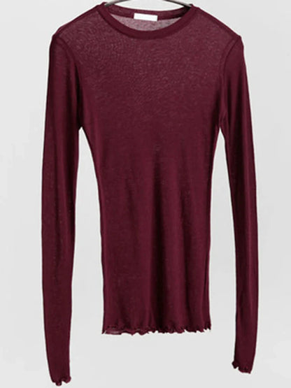 Women’s Long Sleeve Sheer Basic T-Shirt – Elastic Slim Fit Casual Thin Sexy Top Solid Color Everyday Wear