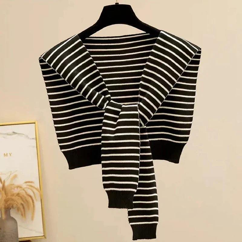 Striped Knitted Shawl Scarf – Warm Winter Cape with Fake Collar for Women
