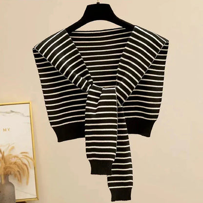 Striped Knitted Shawl Scarf – Warm Winter Cape with Fake Collar for Women