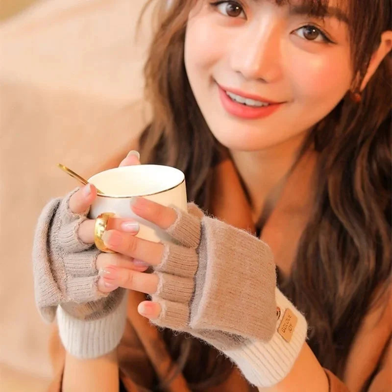 Knitted Fingerless Gloves for Men and Women - Autumn and Winter Windproof Woolen Gloves with Flip Cover for Outdoor Warmth