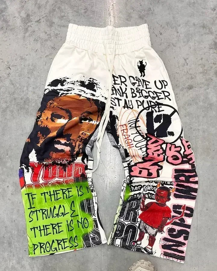 American Y2K Gothic Hip Hop Sweatpants for Men – Retro Double Layer Baggy Joggers with Elastic Waist