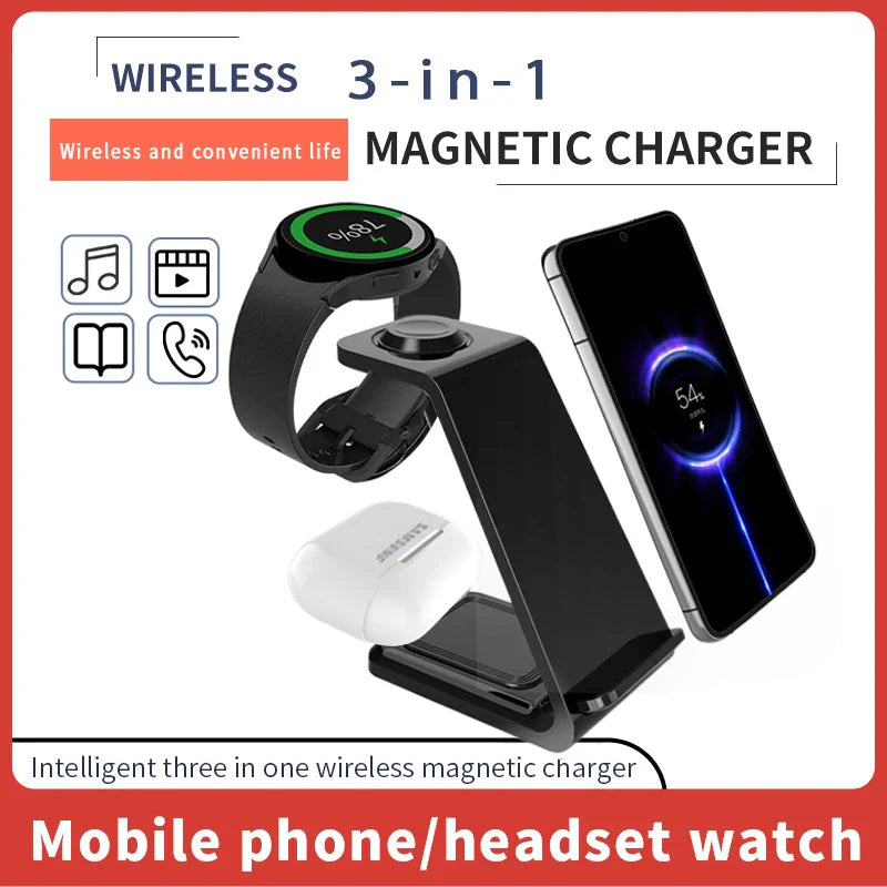 3 in 1 Wireless Charger Stand - Fast Charging Dock for Samsung Phones, Galaxy Watch 7/8/9, and AirPods Pro