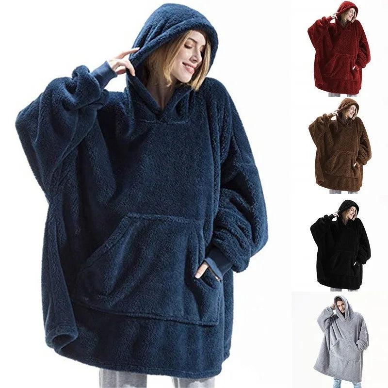 Women’s Winter Hooded Fleece Jacket – Thick, Warm, Solid Color Pullover with Pockets, Elegant Unisex Long Hoodie for Home Wear