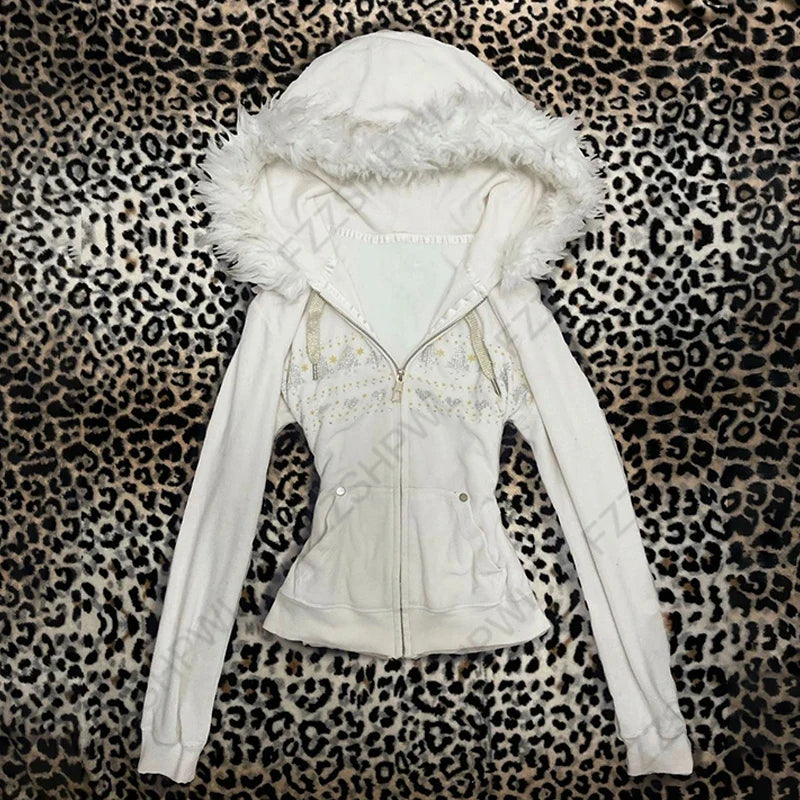 Y2K Harajuku Women's Fur Collar Hoodie – Slim Chic Solid Color Cardigan Sweatshirt, Goth Punk Streetwear
