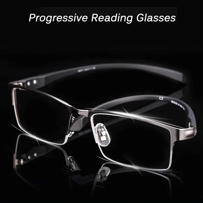 Progressive Multifocal Photochromic Reading Glasses – Anti-Blue Light Half Frame for Men with Presbyopia & Far Sight Protection