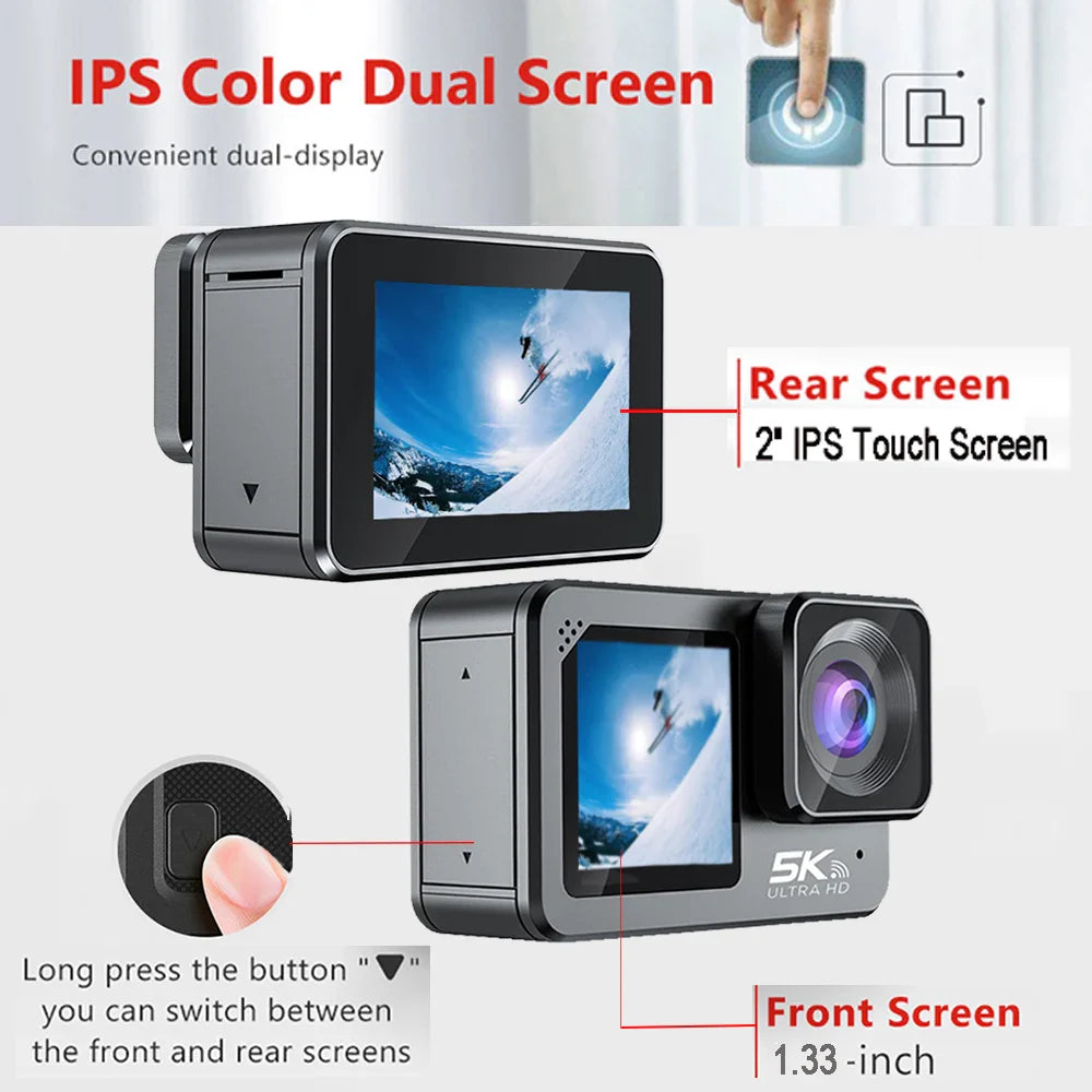 F6W Action Camera — 5K/4K60FPS, 48MP, 2.2" Touch LCD, EIS, Dual Screen, Wi-Fi, 170° Waterproof 30M, 8X Zoom Sports Camera with Wireless Mic