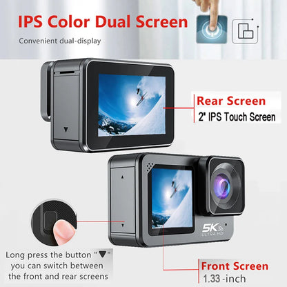 F6W Action Camera — 5K/4K60FPS, 48MP, 2.2" Touch LCD, EIS, Dual Screen, Wi-Fi, 170° Waterproof 30M, 8X Zoom Sports Camera with Wireless Mic