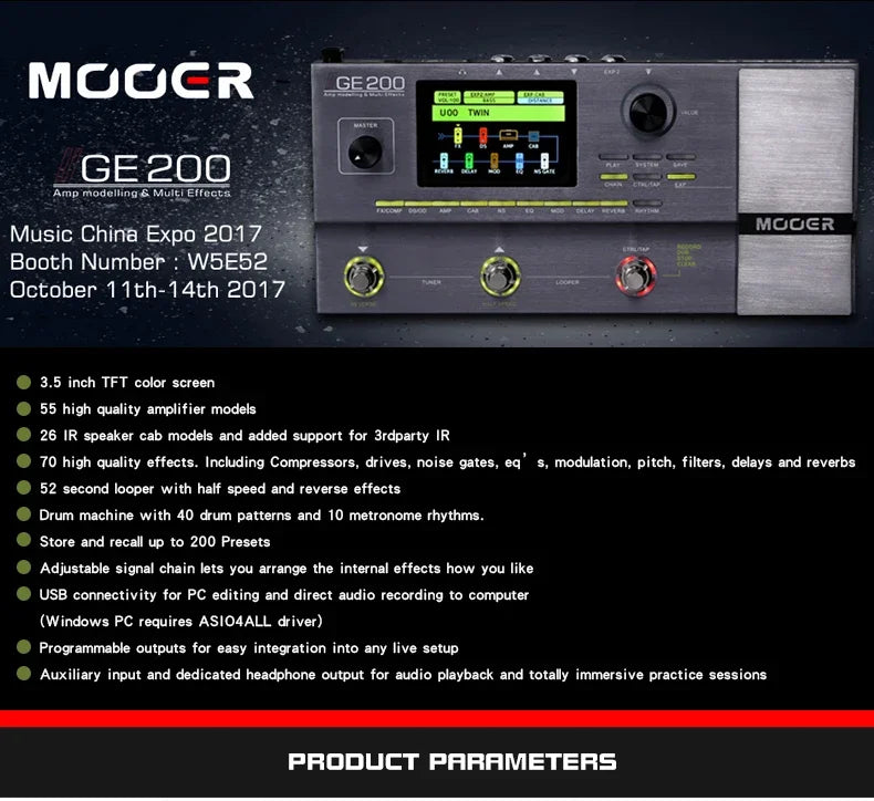MOOER PE100 Portable Guitar Multi-Effects Processor – 39 Effects, 40 Drum Patterns & 10 Tempo Options