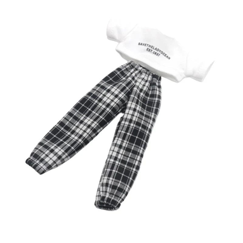 Blythe Doll Clothes – Fashion Tops, Black & White Shirts with Jeans & Plaid Pants for Azone OB22/OB24 Dolls