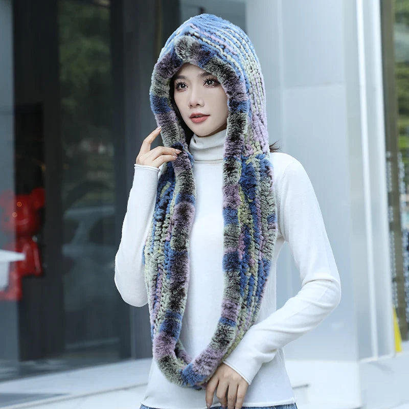 2025 Women’s Knitted Rex Rabbit Fur Hat – Hooded Scarf with Neck Collar, Long Winter Warm Fur Hat & Scarf Set
