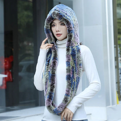 2025 Women’s Knitted Rex Rabbit Fur Hat – Hooded Scarf with Neck Collar, Long Winter Warm Fur Hat & Scarf Set