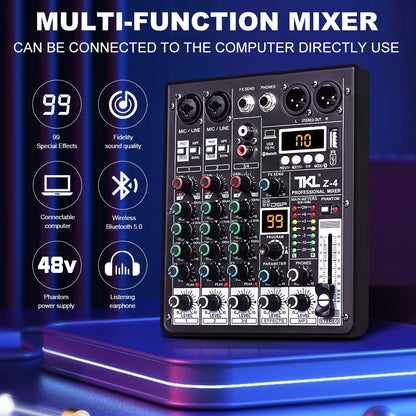 TKL 4 Channel DSP Audio Mixer – 99 Effects, 48V Phantom Power, USB, Bluetooth DJ Console for Karaoke and Studio Sound