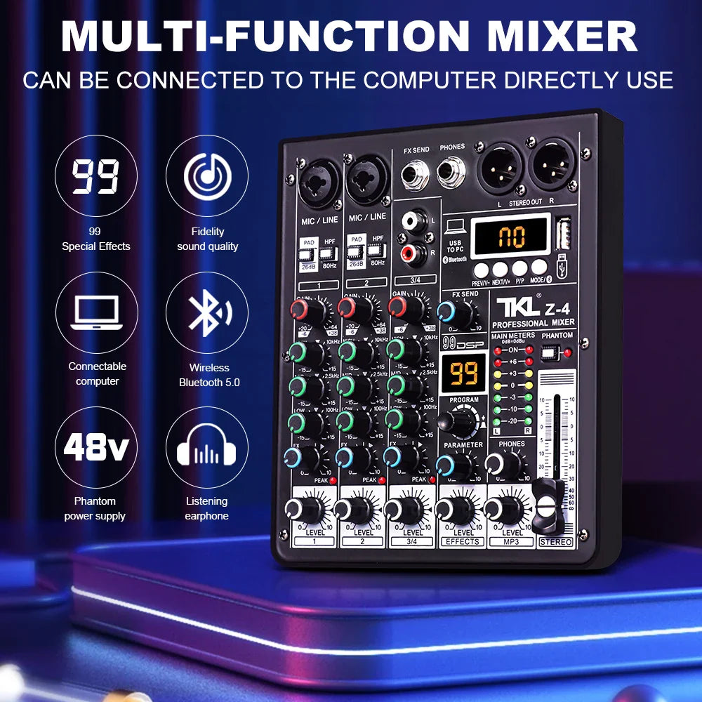 TKL 4 Channel DSP Audio Mixer – 99 Effects, 48V Phantom Power, USB, Bluetooth DJ Console for Karaoke and Studio Sound