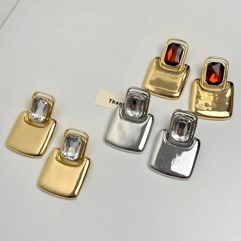 Vintage Large Geometric Crystal Earrings – Exaggerated Metal Statement Jewelry for Women