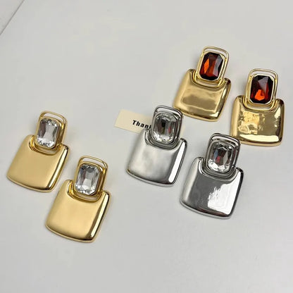 Vintage Large Geometric Crystal Earrings – Exaggerated Metal Statement Jewelry for Women