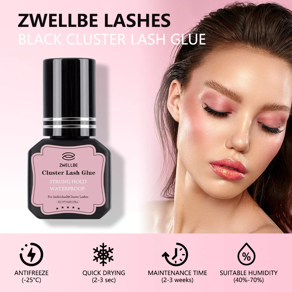 ZWELLBE Lash Clusters Glue 8ml — Black Eyelash Adhesive for DIY Extensions, Long-Lasting, Waterproof & Gentle on Eyes