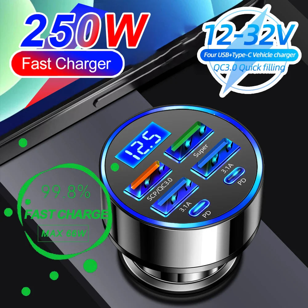 66-250W PD Car Charger – QC3.0 Fast Charge, 1-to-6 Cigarette Lighter Plug with Digital Display