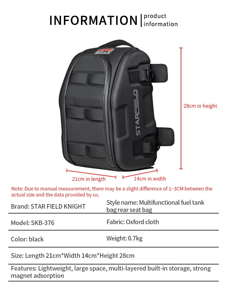 Waterproof Motorcycle Seat Back Bag – Large Capacity Hard Tail Box Luggage for Racing & Riding, Black Fuel Tank Motorbike Storage