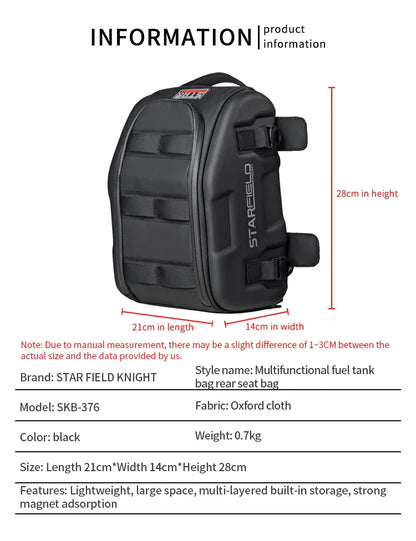 Waterproof Motorcycle Seat Back Bag – Large Capacity Hard Tail Box Luggage for Racing & Riding, Black Fuel Tank Motorbike Storage