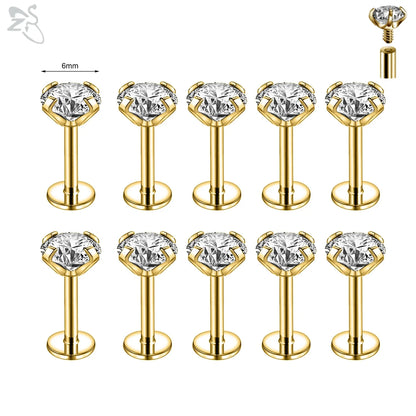 AOEDEJ 10PCS Gold Stainless Steel Labret Lip Studs – 16/18G CZ Crystal Helix, Cartilage & Tragus Piercings (2–6mm)
