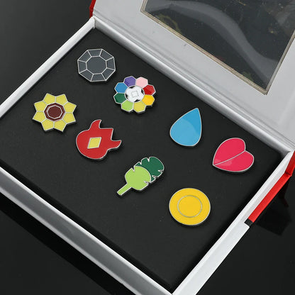 Anime League Gym Badge Set – Metal Brooches from Sinnoh, Johto, Hoenn & Indigo with Pikachu & Squirtle Figure Toys