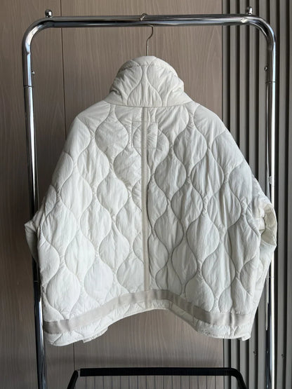 2024 ETJ Quilted Women's Coat – Beige Drawstring High Neck Jacket with Ties & Pockets