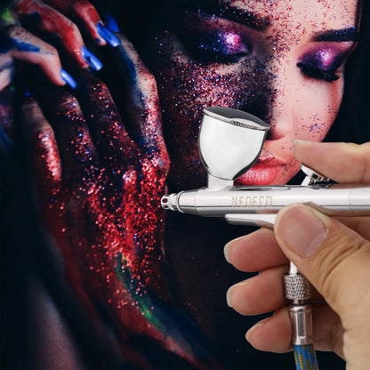 Dual-Action Airbrush with Auto-Centering Nozzle, 7cc/13cc Cups, 0.2/0.3/0.5mm Needles for Modeling, Makeup, Nail Art & Painting
