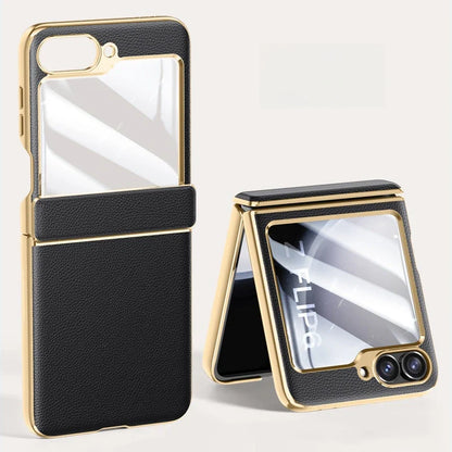 Electroplated Leather Case for Samsung Galaxy Z Flip 6/5 – Skin-Friendly Shockproof Hinge Cover with Tempered Film