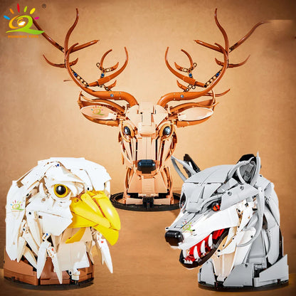 HUIQIBAO MOC Animal Head Building Blocks — Wolf, Deer & Eagle Wall Decor Sculpture Toy