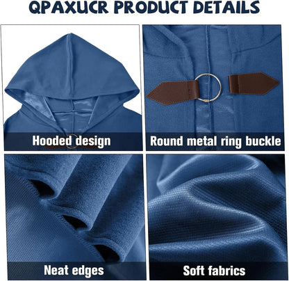 Men’s Medieval Hooded Cloak – Round Metal Buckle with Green Leaf Brooch Necklace for Halloween Costume