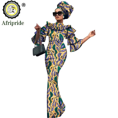 African Bazin Riche 2-Piece Dress Set - Plus Size Bodycon Dress with Headwrap for Women